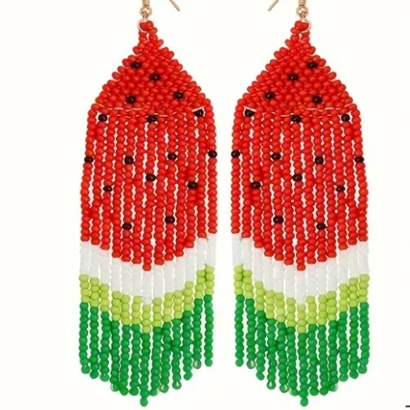 Boho Watermelon Seed Bead Fringe Earrings - Picture 7 of 7